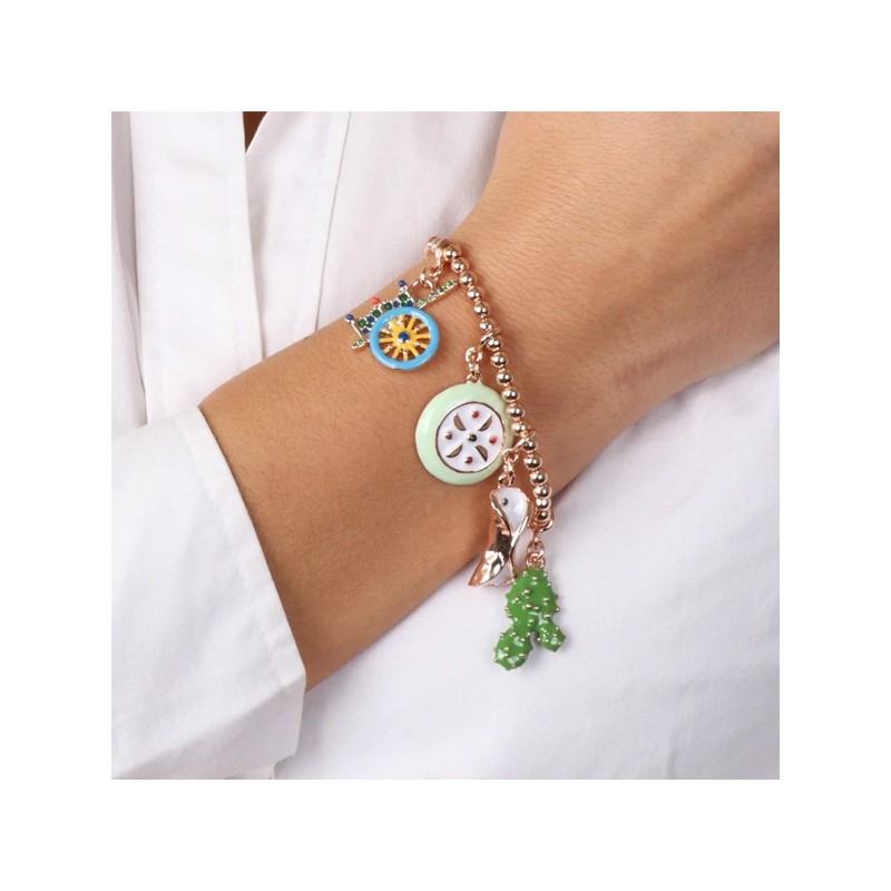 Bracciale in Metallo con charms siciliani, carretto, fico d&#8217;india, cassata e cannolo