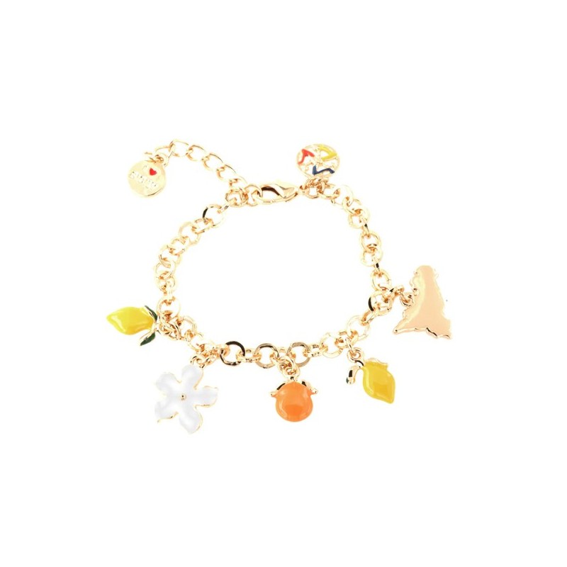 Bracciale in Metallo maglia rolò. Con agrumi di Sicilia e fiori pendenti, impreziositi da smalti colorati