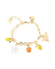 Bracciale in Metallo maglia rolò. Con agrumi di Sicilia e fiori pendenti, impreziositi da smalti colorati