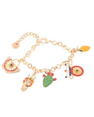 Bracciale in Metallo oro rosa con charms colorati Sicilia, limone, coffa, testa di moro