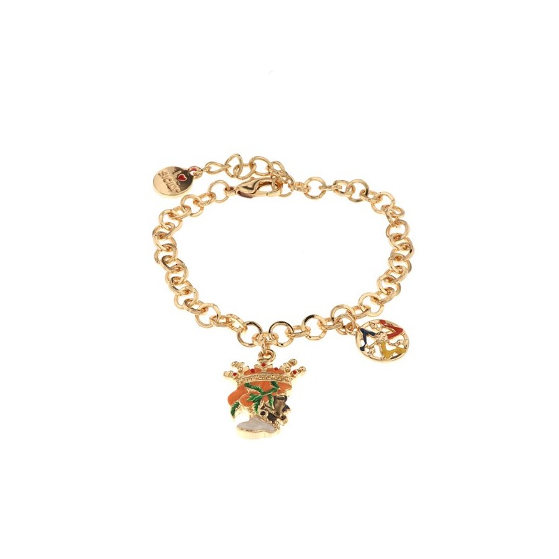 Bracciale in Metallo con testa di moro uomo e simbolo di Trinacria impreziositi da smalti colorati