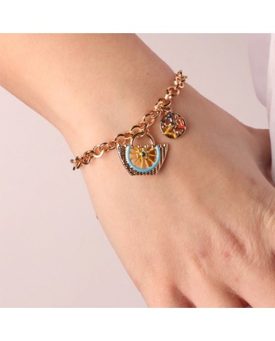 Bracciale in Metallo maglia a rolò con charm coffa e trinacria impreziositi da smalti colorati