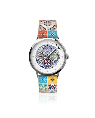 Orologio Analogico Metallo con quadrante impreziosito da disegno maiolica colorata, maglia stampa maiolica