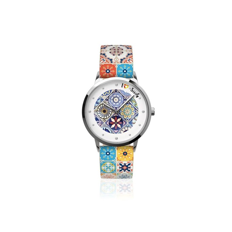 Orologio Analogico Metallo con quadrante impreziosito da disegno maiolica colorata, maglia stampa maiolica