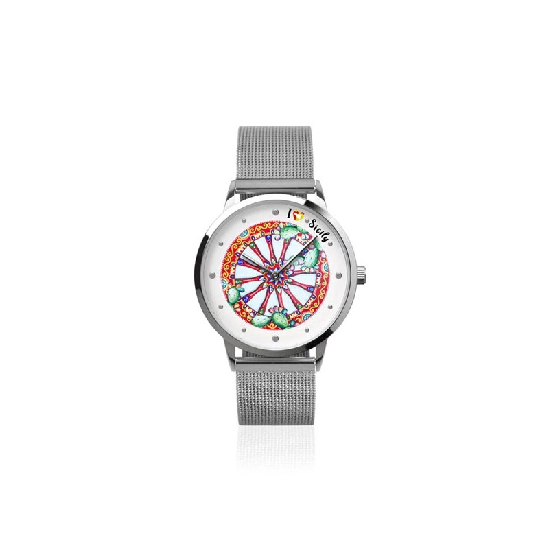 Orologio Analogico Metallo con quadrante impreziosito da disegno ruota carretto siciliano, maglia milanese